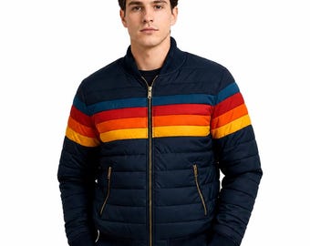 Men's Retro Stripe Puffer Bomber Jacket, Lightweight Quilted Streetwear Coat