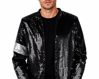 Men's Black Sequin Bomber Jacket, Sparkle Party Wear, Reflective Sleeve Stripe
