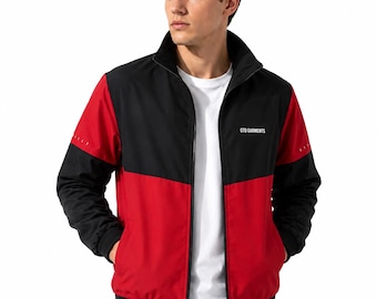Men's Black Red Bomber Jacket | Lightweight Zip Up | Stand Collar | Casual Outerwear