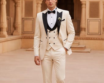 Men's Ivory 3-Piece Tuxedo, Cream Wedding Attire, Black Lapel Groom Outfit