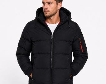 Men's Black Puffer Jacket, Hooded Winter Coat, Insulated Quilted Jacket, Water Resistant Zip Up Outerwear