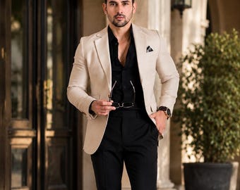 Men's Beige Blazer Black Trousers Slim Fit 2 Piece Wedding Groom Prom Formal Wear