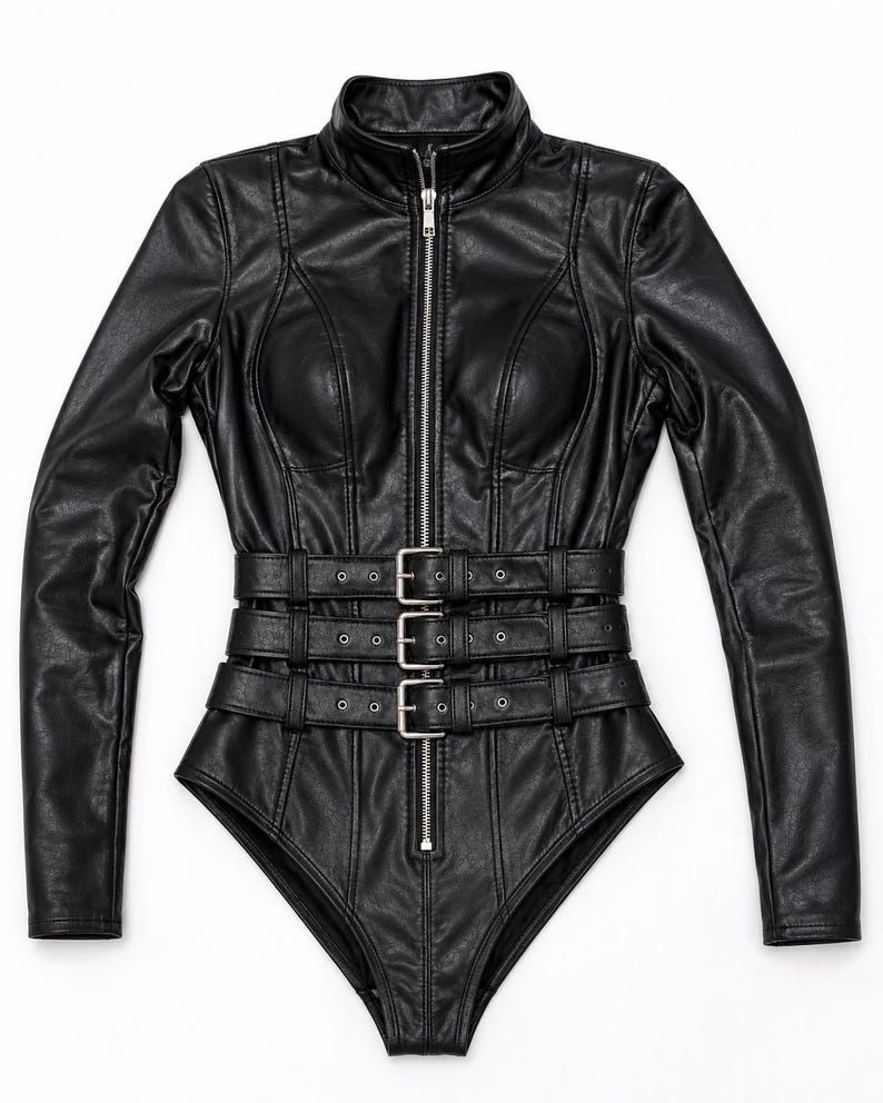 May include: A black long-sleeve bodysuit made of a leather-like material featuring a high mock neck, a full-length silver front zipper, and three horizontal buckled straps across the waist with silver-toned metal hardware and stitching details.