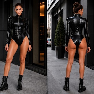 May include: A black long-sleeved bodysuit with a high collar, a front zipper closure, and a wide waist belt featuring three buckles. The garment has a high-cut leg design and is paired with black lace-up combat boots, shown from front and back.
