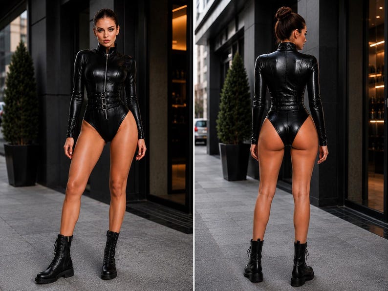 May include: A black long-sleeved bodysuit with a high collar, a front zipper closure, and a wide waist belt featuring three buckles. The garment has a high-cut leg design and is paired with black lace-up combat boots, shown from front and back.