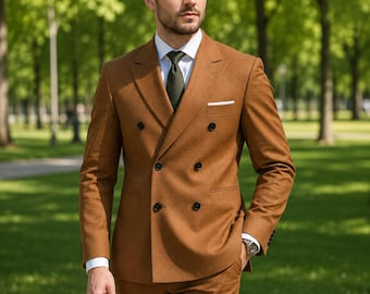 Men's Caramel Brown 3 Piece Suit, Double Breasted Wedding Suit, Groom Formal Wear