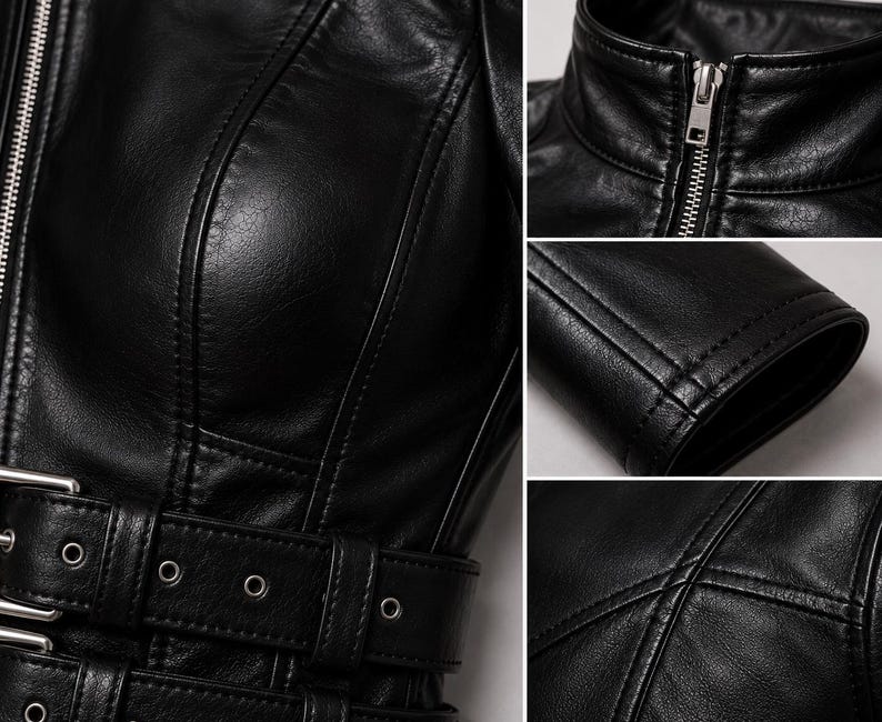 May include: A black leather jacket featuring a front zipper closure, a high collar, and a waist belt with metal eyelets. The garment displays detailed vertical seam stitching, a smooth texture, and silver-toned hardware throughout the design.