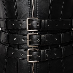 May include: A black faux leather bodysuit featuring a vertical silver-toned center zipper and three horizontal adjustable straps across the waist. Each strap is secured with a silver-toned metal buckle and features evenly spaced metal eyelets.