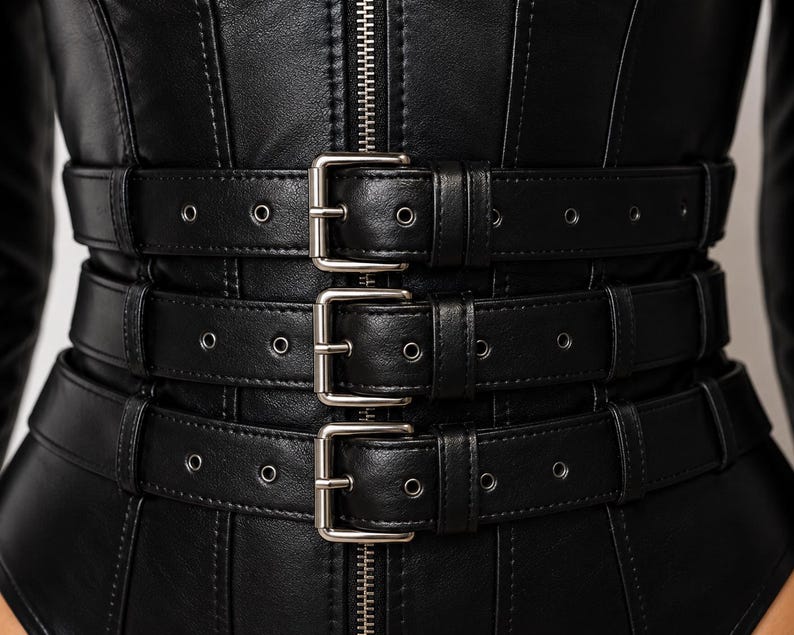 May include: A black faux leather bodysuit featuring a vertical silver-toned center zipper and three horizontal adjustable straps across the waist. Each strap is secured with a silver-toned metal buckle and features evenly spaced metal eyelets.