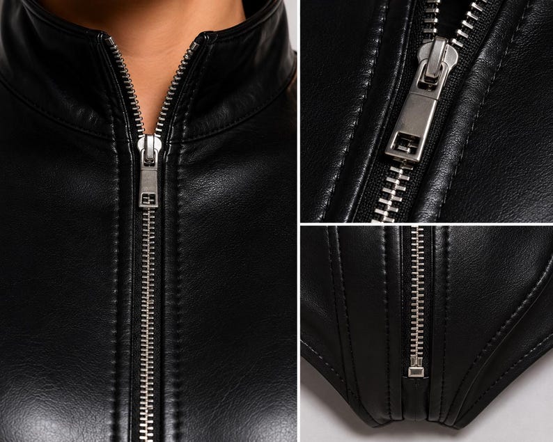 May include: A black faux leather garment featuring a high collar and a central silver-toned metal zipper. The design includes vertical seam detailing along the front, with a close-up view highlighting the metallic zipper teeth and pull tab.