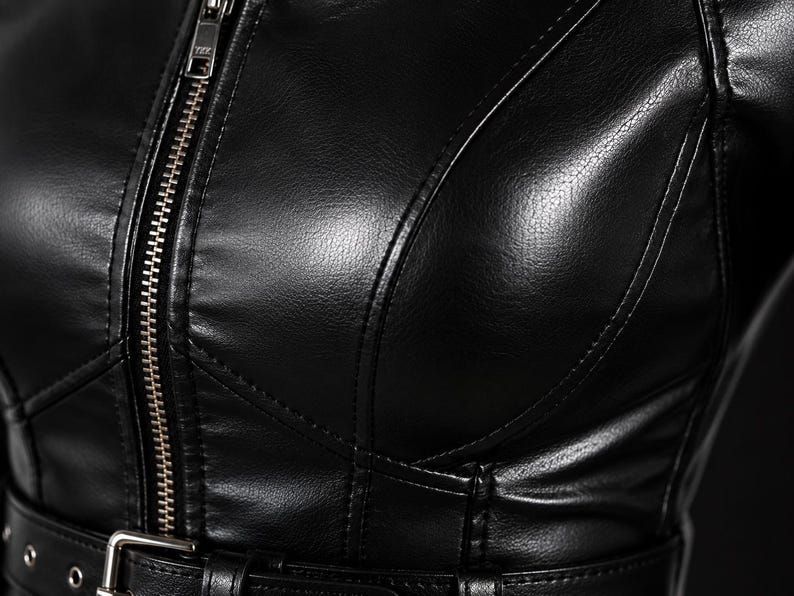 May include: A black jacket made of a smooth, leather-like material featuring a vertical silver-toned metal zipper closure running down the center. The garment includes structured seams across the chest and a matching black belt with a metal buckle.