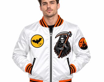 Custom Halloween Satin Bomber Jacket, Reaper Varsity Style, Personalised Jacket