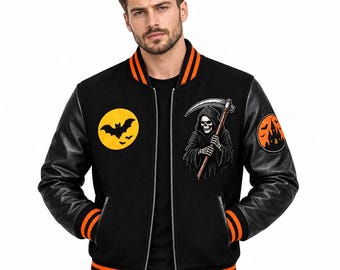 Custom Halloween Varsity Jacket, Black Orange Gothic DTF Print Bomber, Grim Reaper Bat Coat