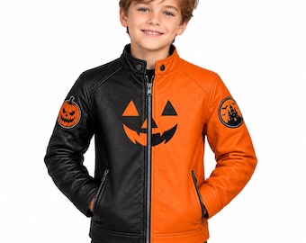 Kids Halloween Leather Jacket, Pumpkin Bomber Coat, Boys Girls Outerwear, Orange Black Gift