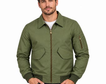 Men's Olive Green Utility Bomber, Lightweight Zip Up Fieldwear, Personalized Custom Outerwears