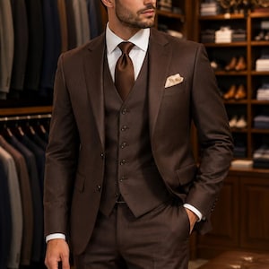 Brauner 3-teiliger Slim Fit-Anzug, Hochzeit Bräutigam Formelle Geschäftskleidung