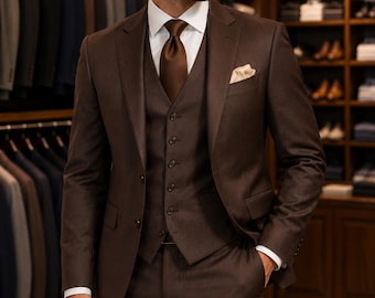 Brown 3-Piece Slim Fit Suit, Wedding Groom Formal Business Attire
