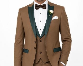 Men's Brown Three Piece Suit, Green Lapel Tuxedo, Wedding Groom Suit