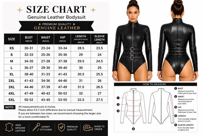 May include: A black genuine leather bodysuit featuring a high neck, long sleeves, a front zipper, and a triple-buckle waist belt. The image includes a size chart with measurements in inches and a diagram illustrating how to measure the garment.