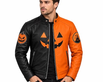 Black Orange Pumpkin Biker Jacket, Halloween Leather Moto Jacket (Men's)