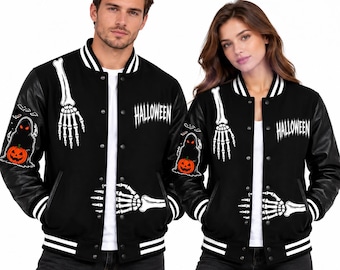 Custom Halloween Varsity Jacket | Unisex Skeleton Bomber | Gothic Spooky Jacket