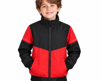 Kids Color Block Bomber Jacket, Red Black Zip Up, Lightweight Youth Outerwear