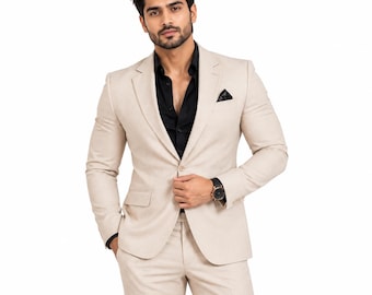 Custom Men's Cream Suit, Tailored 2 Piece Wedding Formalwear