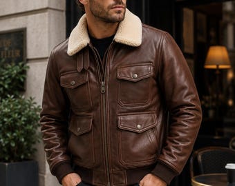 Men's Genuine Leather Bomber Jacket, Brown Shearling Collar, Four Pocket Aviator Jacket