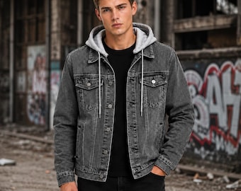 Men's Grey Hooded Denim Jacket | Removable Hood | Casual Jean Coat | Streetwear | Gift for Him