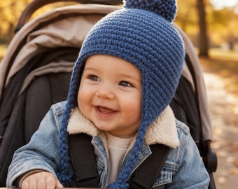 Häkelanleitung für eine dicke Ohrenklappenmütze, Baby-Trappermütze (PDF), einfache Häkelanleitung für Anfänger (Neugeborene-Kleinkinder)