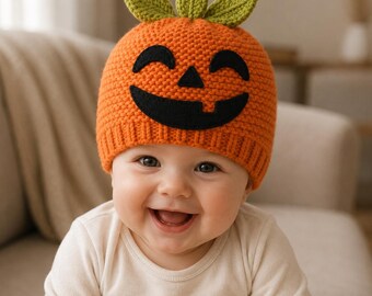 Pumpkin Baby Hat Knitting Pattern - Jack o Lantern Halloween Beanie - Baby - Boy - Girl