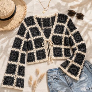 Granny Square Cardigan Crochet Pattern, Tie Front V-Neck Bell Sleeve Top (PDF)