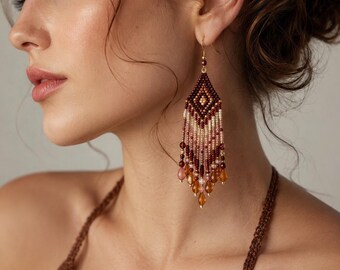 Boho-Ohrringe mit Perlen im Kronleuchter-Stil – Häkelanleitung für Ohrringe mit Perlenfransen, Schmuck, Herbst-Granat-Bernstein