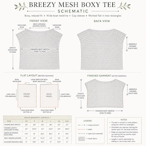 Breezy Mesh Boxy Tee crochet schematic showing front, back, flat layout and seam lines for the boxy tee