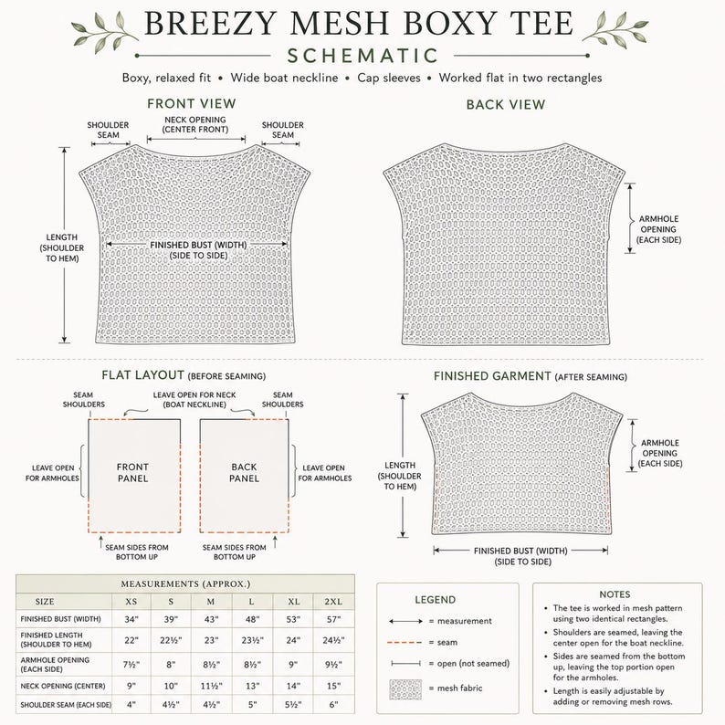 Breezy Mesh Boxy Tee crochet schematic showing front, back, flat layout and seam lines for the boxy tee