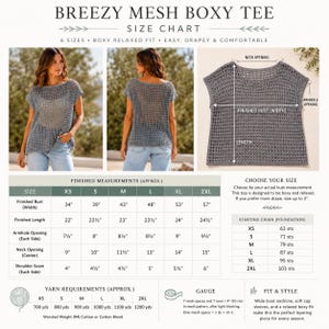 Breezy Mesh Boxy Tee size chart with finished measurements, yarn amounts and gauge for crochet sizes XS to 2XL