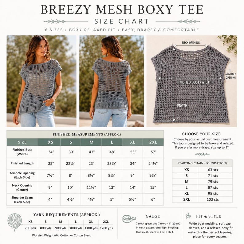 Breezy Mesh Boxy Tee size chart with finished measurements, yarn amounts and gauge for crochet sizes XS to 2XL