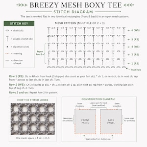 Crochet mesh stitch diagram and stitch key for the Breezy Mesh Boxy Tee open-mesh top pattern