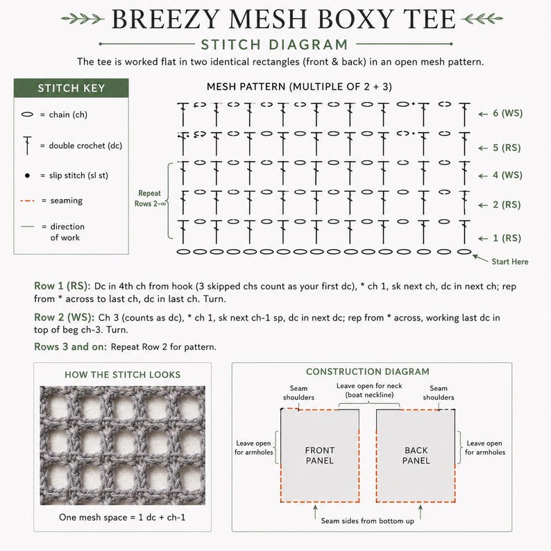 Crochet mesh stitch diagram and stitch key for the Breezy Mesh Boxy Tee open-mesh top pattern