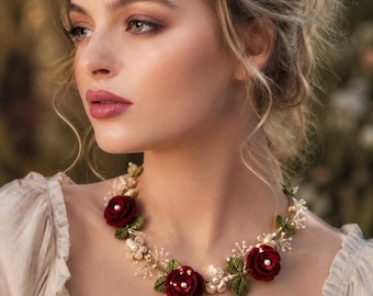 Häkelblumen Halskette Muster PDF | Cottagecore Rose Choker Anleitung | Blumen Statement Halskette
