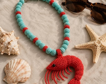 Häkeln Garnelen Halskette Muster, Perlen Statement Halskette Amigurumi Schmuck, Anleitung, Ocean Anhänger DIY Geschenk