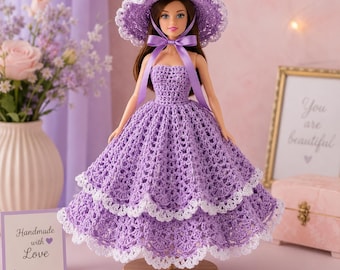 Puppen Häkelanleitung Ballkleid PDF | Lavendel Fashion Kleid & Sonnenhut | 29cm Kleidung CrochetInstant