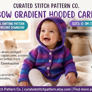 Könnte beinhalten: Eine digitale Strickanleitung für eine regenbogenfarbene Strickjacke mit Kapuze von Curated Stitch Pattern Co. Die Anleitung umfasst die Größen 0-3M, 3-6M und 6-12M und bietet eine Raglanpasse im Kraus-Rechts-Muster, eine Kapuze und Knöpfe.