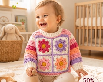 Häkelanleitung für einen Babypullover, Modell „Grandma Square Daisy“, Größen 0-24 Monate (PDF-Download)