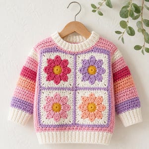 May include: A long-sleeve crochet sweater featuring a central panel of four square motifs, each displaying a different colored flower with a yellow center. The sleeves and lower body are designed with horizontal stripes in shades of pink, purple, and white.