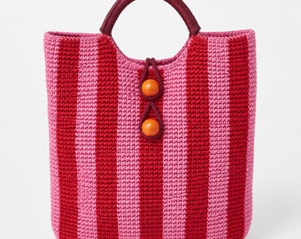 Gestreifte Bast Henkeltasche Häkelanleitung (PDF), Boho Markt Geldbörse, Holzperlen DIY