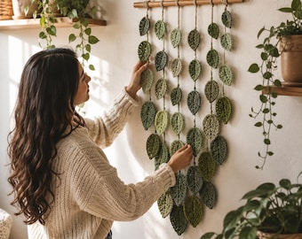 Gehäkelte Blatt-Wandbehang-Muster, Boho Blumendeko, Blumengirlande (PDF Download)