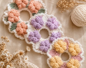 Häkelanleitung für Scrunchie, mit Rüschen Rosengarten, Puffstich Blume Anleitung (PDF)