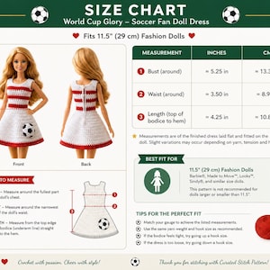 May include: A crochet doll dress size chart titled World Cup Glory - Soccer Fan Doll Dress. It displays a white and red striped dress on a doll, measurement tables for 11.5 inch dolls, and instructions for measuring bust, waist, and length.