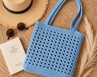 Strandtasche Häkelanleitung PDF | Mesh-Markttasche | Schulter | Jeansblau | Digital Download, Einfach